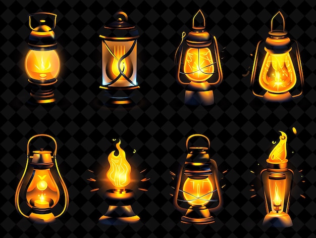 PSD lanterna luminosa 16 bit pixel con metallo e fiamma con morbida forma y2k neon collezioni d'arte a colori