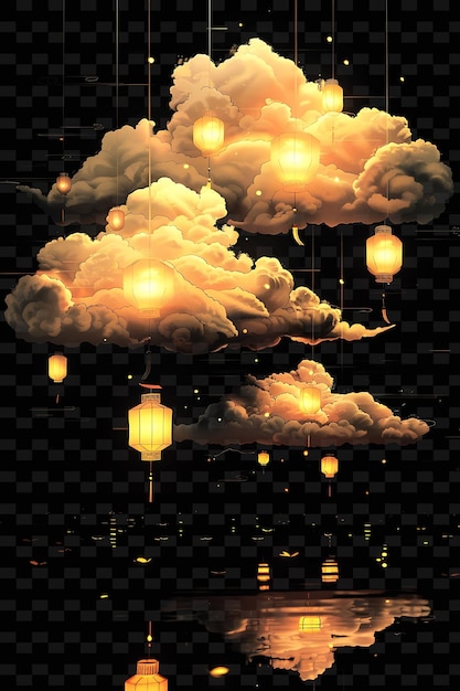 PSD glowing lantern cloud with floating lanterns and shimmering neon color shape decor collections