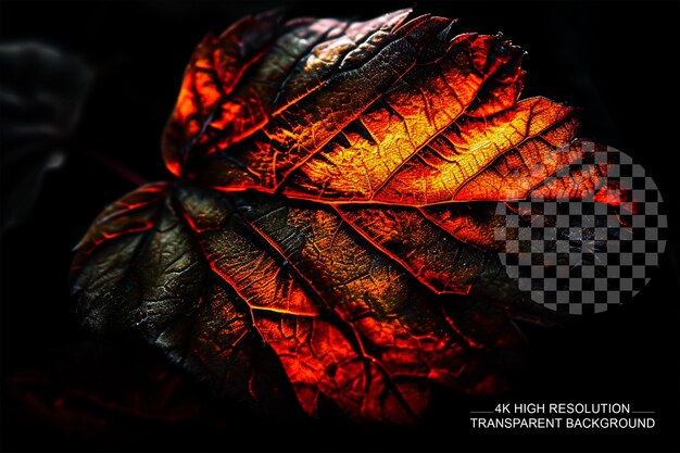 Glowing leaf captured in slow shutter speed photography on a transparent background