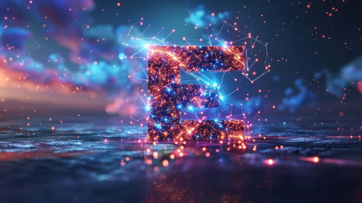 PSD glowing letter e formed of particles and light against a colorful sky with clouds