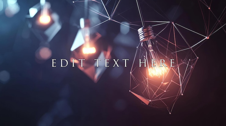 PSD glowing lightbulbs connected by geometric lines dark background
