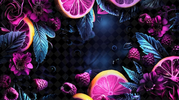 PSD glowing magenta raspberry lemonade met zwevende frambozen neon color food drink y2k collection