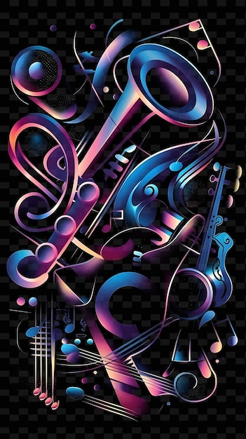 PSD glowing musical notes and instruments overlapping musical no y2k texture shape background decor art