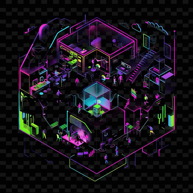 PSD glowing neon 501c with members and signs landscape inside a neon line art city view background