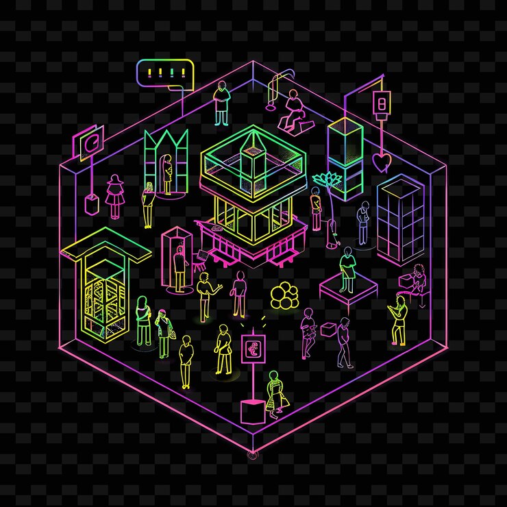 PSD glowing neon 501c with members and signs landscape inside a neon line art city view background