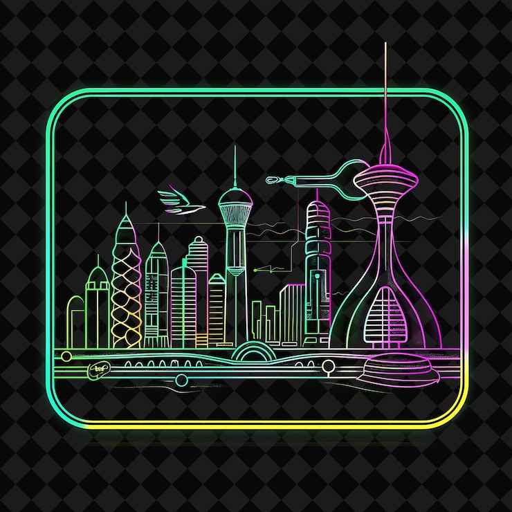 PSD glowing neon astana panorama inside a rectangular silhouette png y2k monoline cityscape collage art