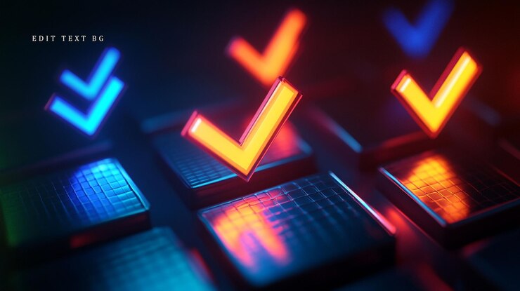 PSD glowing neon checkmarks on dark metallic grid