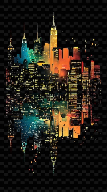 Glowing neon cityscape silhouettes overlapping city skyline y2k texture shape background decor art