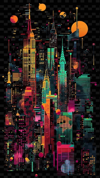 PSD glowing neon cityscape silhouettes overlapping city skyline y2k texture shape background decor art