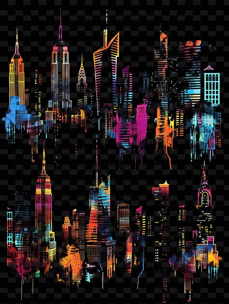 PSD glowing neon cityscape silhouettes overlapping city skyline y2k texture shape background decor art