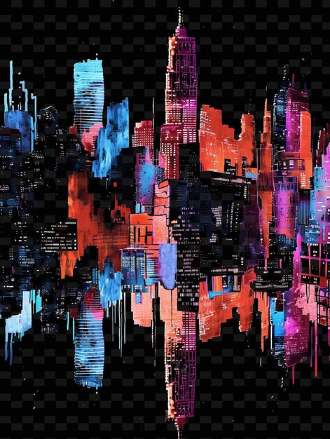 PSD glowing neon cityscape silhouettes overlapping city skyline y2k texture shape background decor art