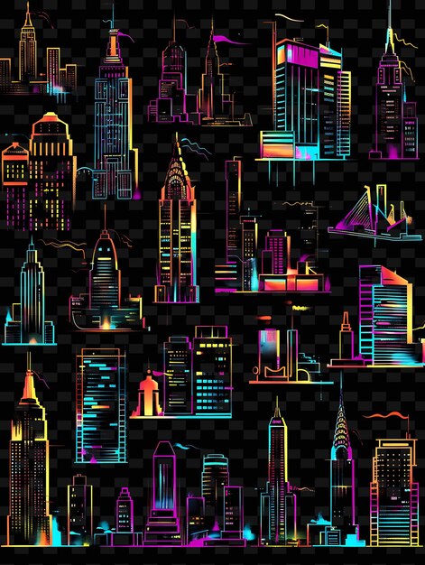 Glowing neon cityscape silhouettes overlapping city skyline y2k texture shape background decor art