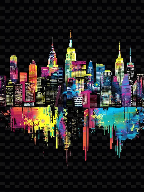 Glowing neon cityscape silhouettes overlapping city skyline y2k texture shape background decor art