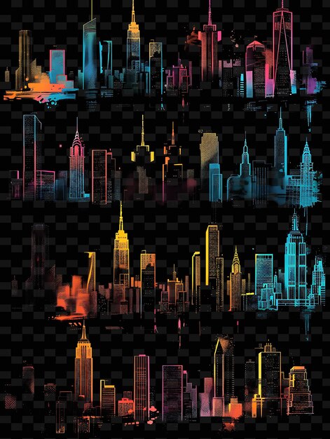 PSD glowing neon cityscape silhouettes overlapping city skyline y2k texture shape background decor art