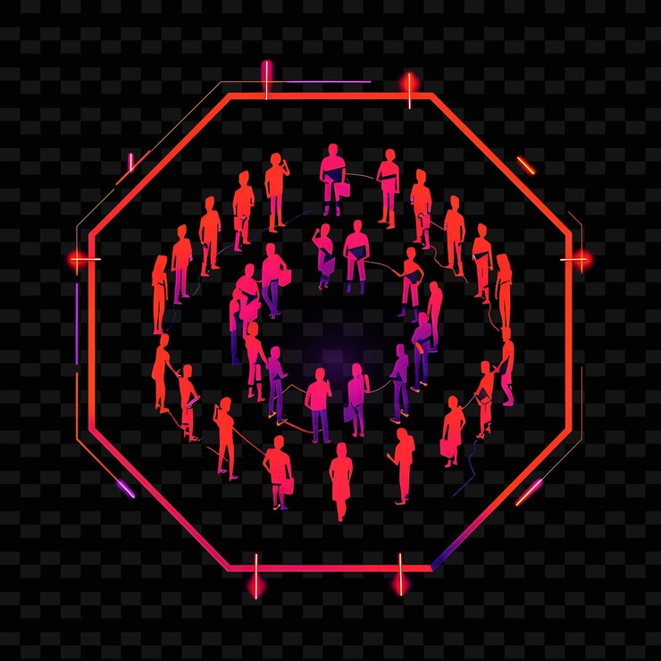 PSD glowing neon coalition with members and signs landscape insi neon line art city view background