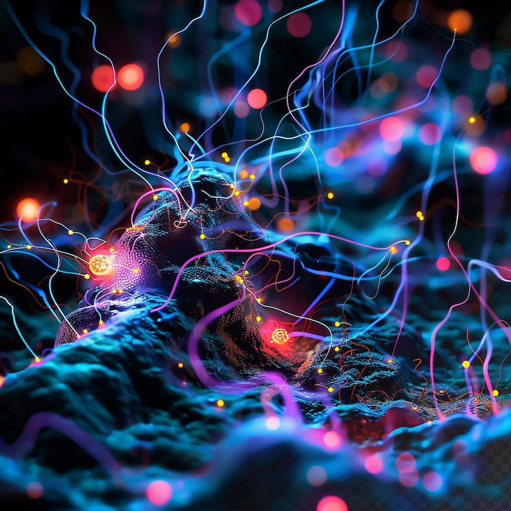 PSD glowing neon electrons viewed through an electron microscope