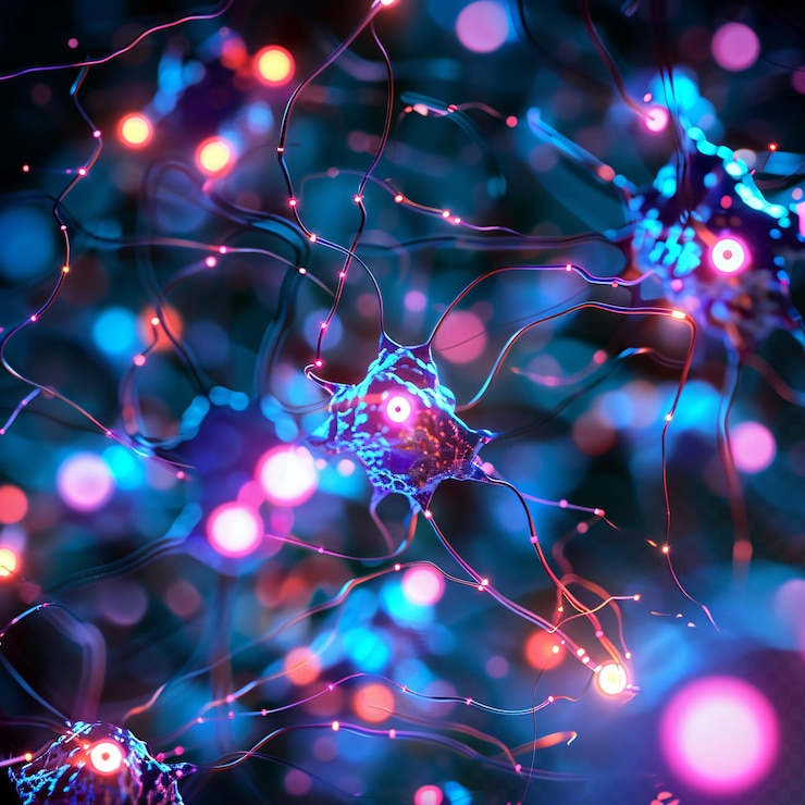 PSD glowing neon electrons viewed through an electron microscope