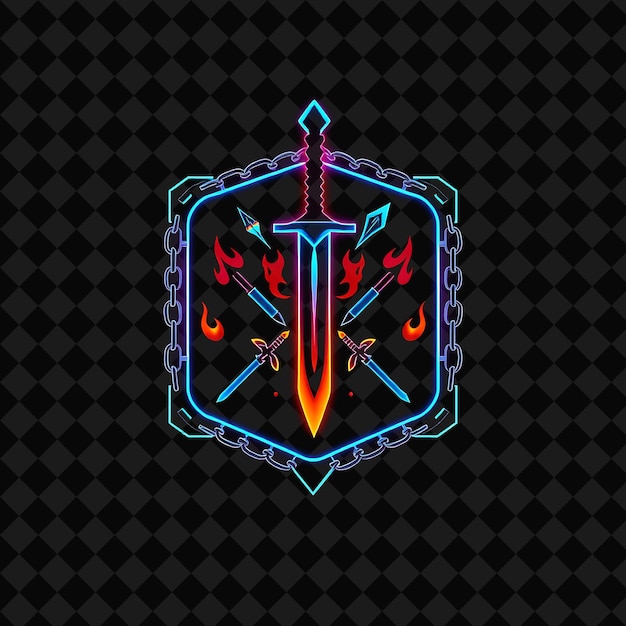 Glowing Neon in a Rectangular Badge With a Dagger Silhouette and Chain Link Border Inside Features