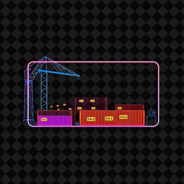 PSD glowing neon industrial yard in a silhouette rectangle with cranes outlined in neon and glowing con