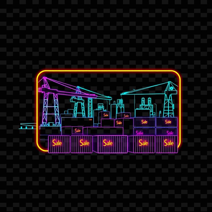 PSD glowing neon industrial yard in a silhouette rectangle with cranes outlined in neon and glowing con