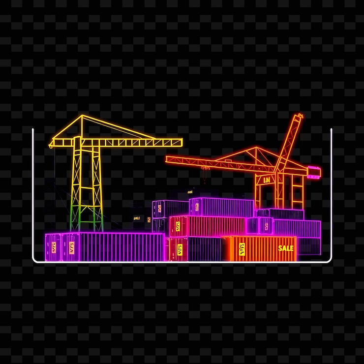 PSD glowing neon industrial yard in a silhouette rectangle with cranes outlined in neon and glowing con