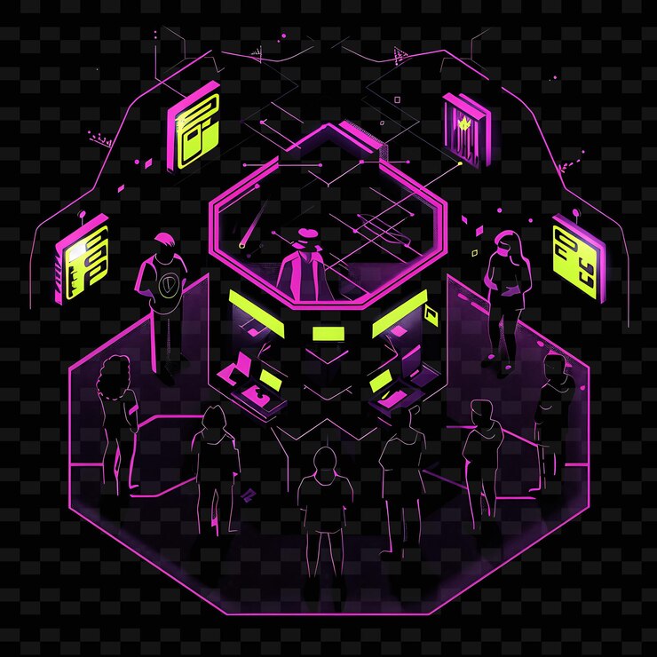 PSD glowing neon instant runoff voting with members and signs la neon line art city view background