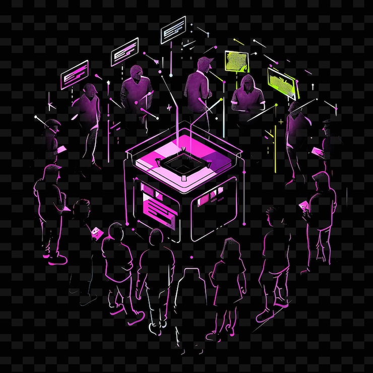 PSD glowing neon instant runoff voting with members and signs la neon line art city view background