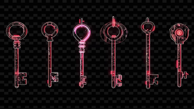 PSD glowing neon keys unlocking glitched key texture material di y2k texture shape background decor art