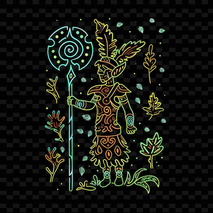PSD glowing neon light of a forest guardian with a staff with ne png creative neon line art designs