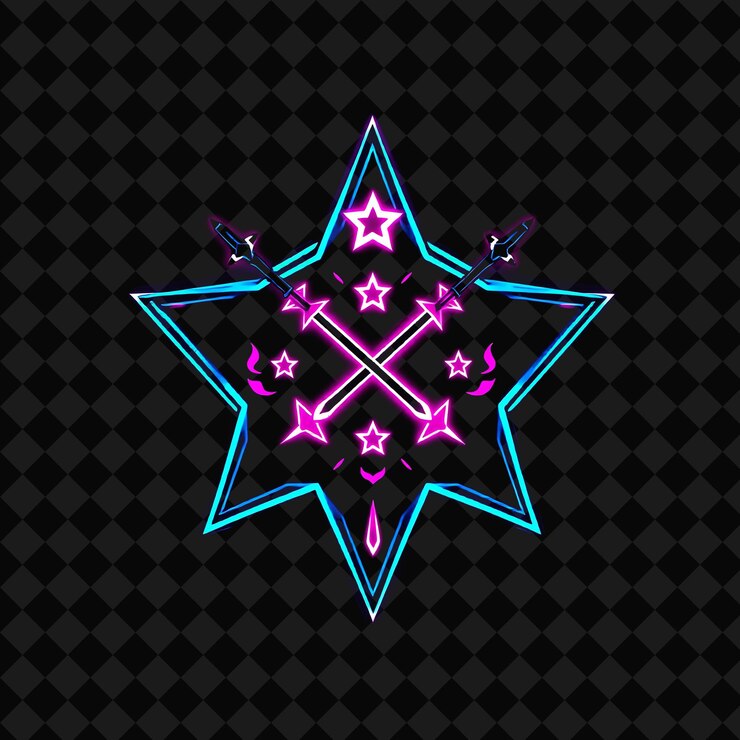 PSD glowing neon on a star shaped badge with thick borders inside decorated with stars flames and swor