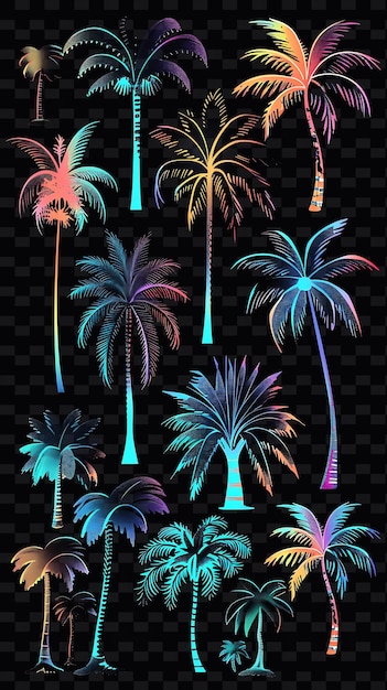 PSD glowing neon palm tree silhouettes layered palm tree collage y2k texture shape background decor art