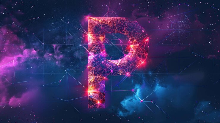PSD a glowing neon pink and orange letter p made up of connected lines and dots set against a dark blue and purple cosmic background