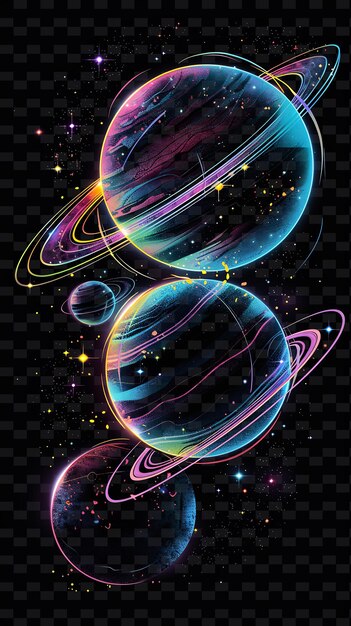 PSD glowing neon planets orbiting planetary collage effect with y2k texture shape background decor art