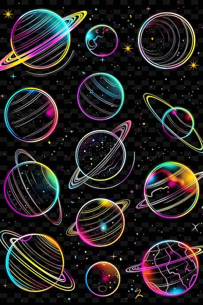 PSD glowing neon planets orbiting planetary collage effect with y2k texture shape background decor art