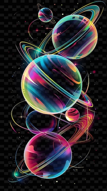 PSD glowing neon planets orbiting planetary collage effect with y2k texture shape background decor art