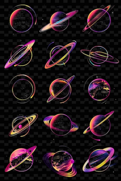 PSD glowing neon planets orbiting planetary collage effect with y2k texture shape background decor art