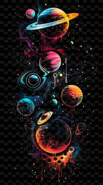 Glowing neon planets orbiting planetary collage effect con y2k texture shape background decor art