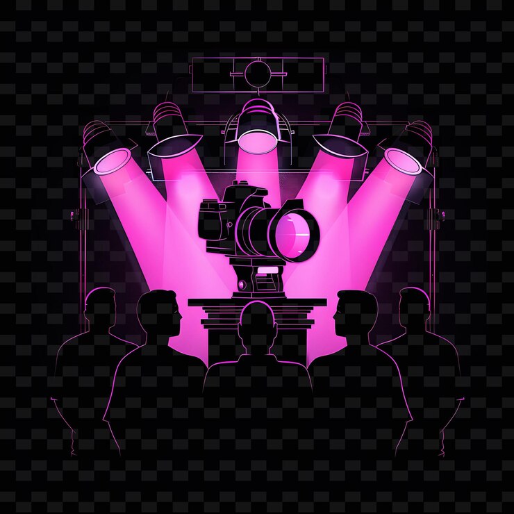 PSD glowing neon press conference with candidates and journalist neon line art landscape background