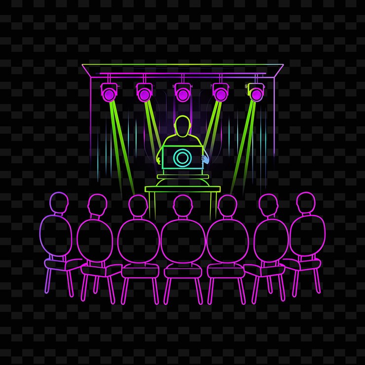 PSD glowing neon press conference with candidates and journalist neon line art landscape background