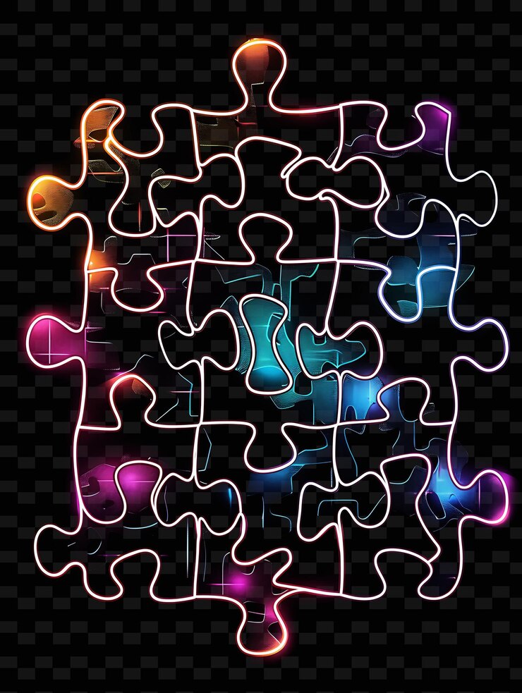 PSD glowing neon puzzle pieces interlocked puzzle collage effect y2k texture shape background decor art