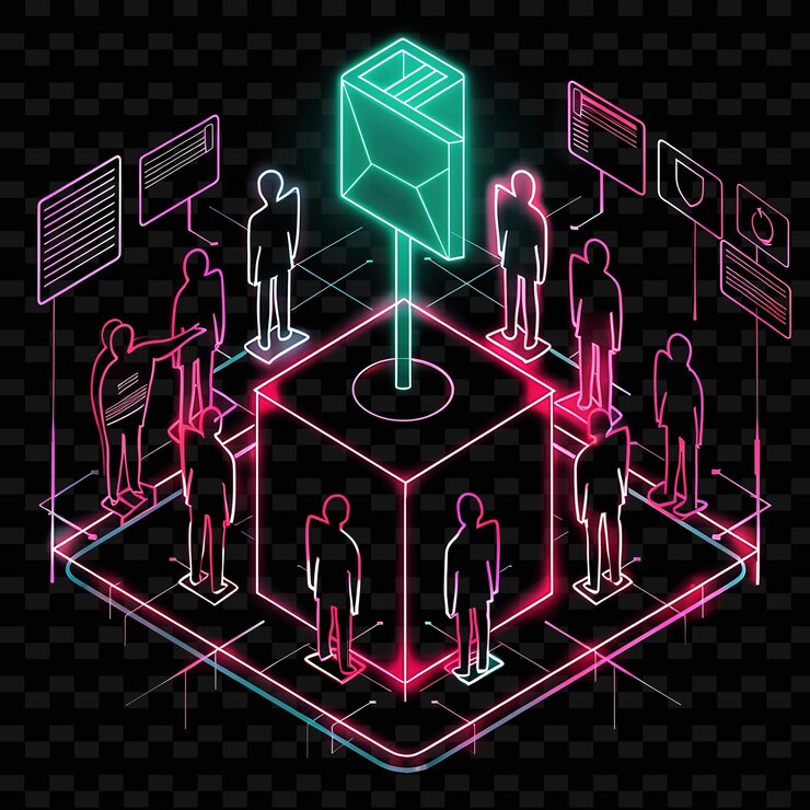PSD glowing neon supplementary vote with members and signs lands neon line art city view background