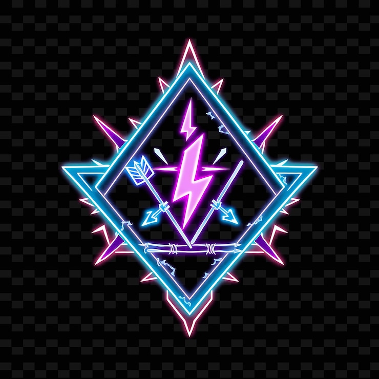 PSD glowing neon surrounding a triangular badge with jagged fractured edges inside contains arrows a l