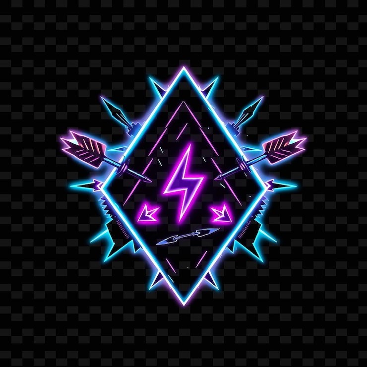 PSD glowing neon surrounding a triangular badge with jagged fractured edges inside contains arrows a l