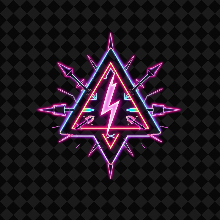 PSD glowing neon surrounding a triangular badge with jagged fractured edges inside contains arrows a l