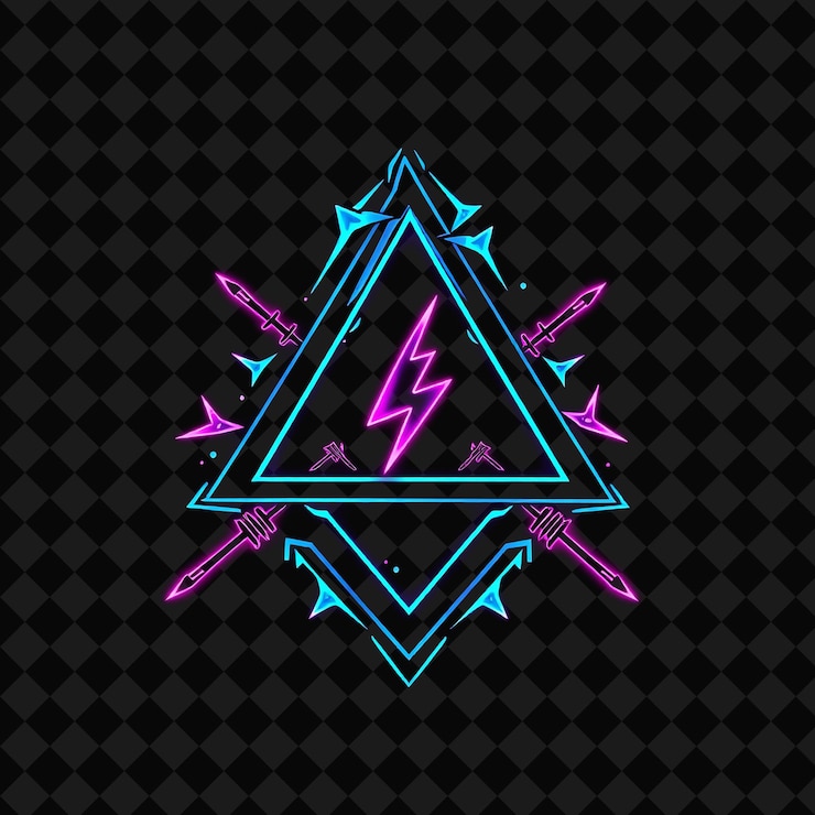 PSD glowing neon surrounding a triangular badge with jagged fractured edges inside contains arrows a l