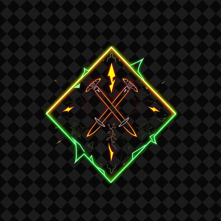 PSD glowing neon tracing a shattered diamond badge with jagged points inside features crossed daggers