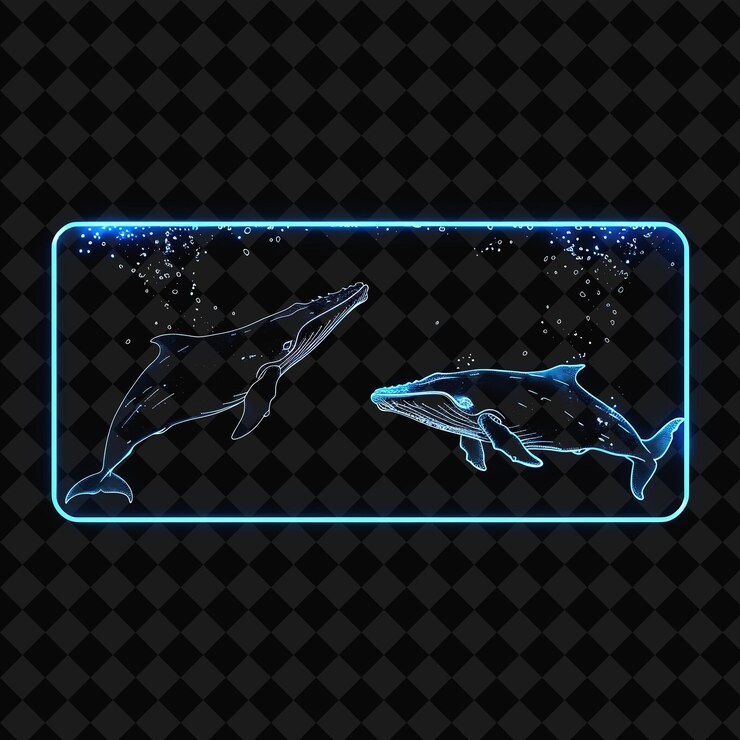 PSD glowing neon whales in the sea inside a silhouette of horizo png y2k ocean of light collections
