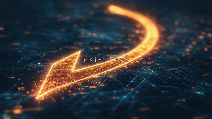 PSD glowing orange arrow curving down over digital network