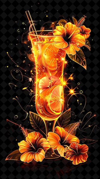 PSD glowing orange mango peach bellini with floating mango and p neon color food drink y2k collection