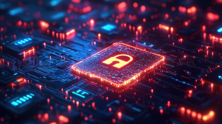PSD a glowing padlock icon on a circuit board
